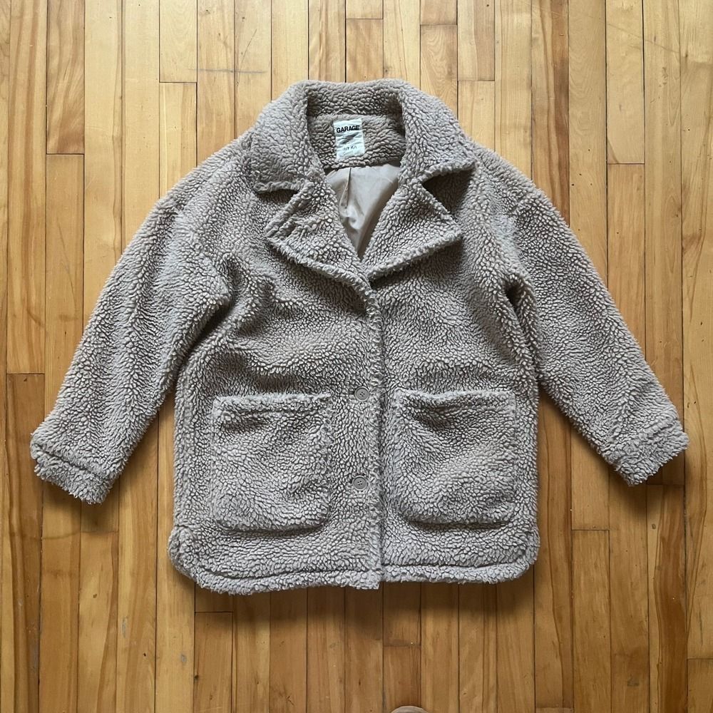 GARAGE Teddy Coat Faux Fur Sherpa Oversized Tan Brown Button Front Pockets XS/S